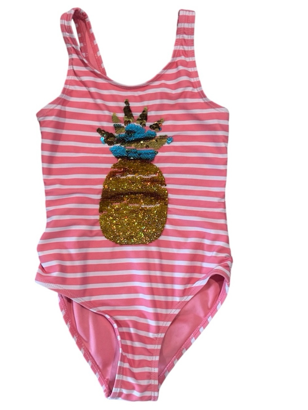 Girls Pink Stripe Pineapple Sequin Gold Sequin One-Piece Swimsuit Size 6